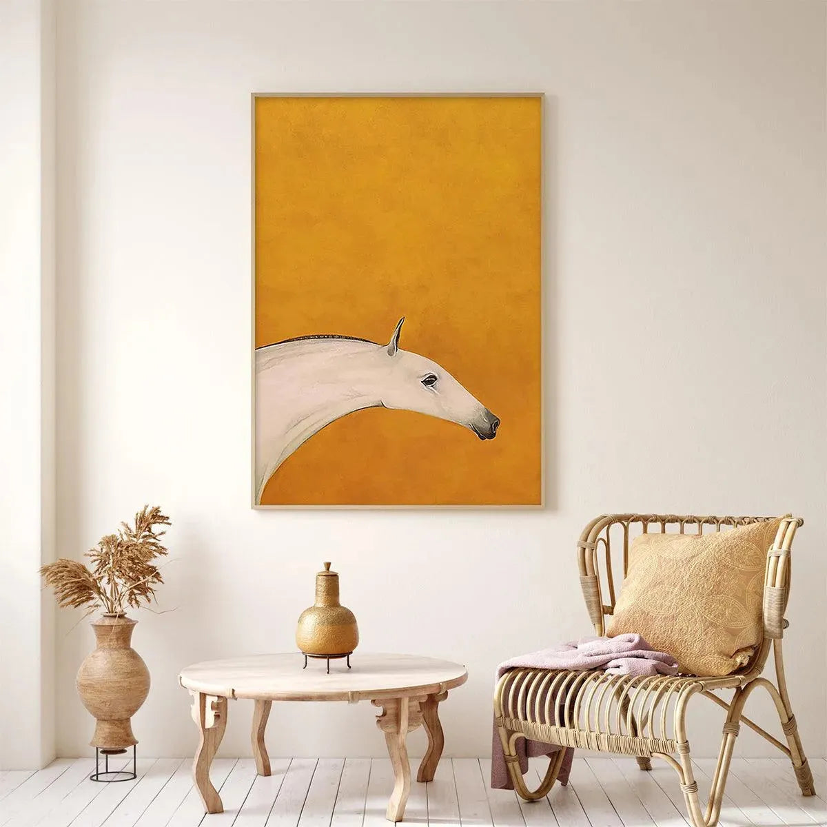 WHITE HORSE ON YELLOW: Minimalist Horse Painting, Vertical Wall Art - Image 8