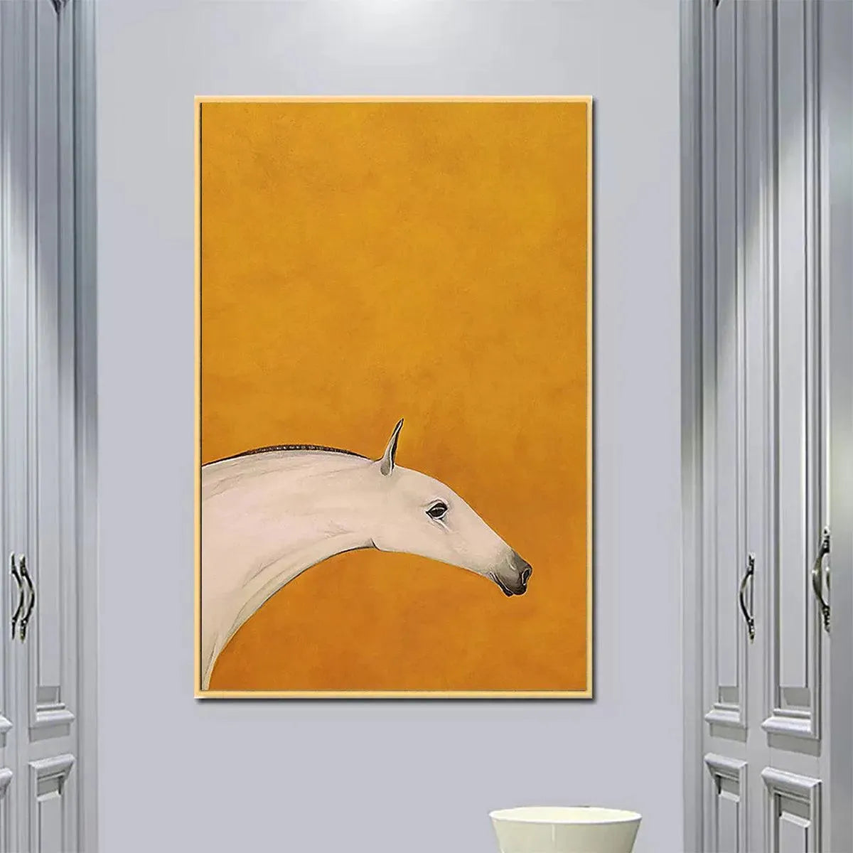 WHITE HORSE ON YELLOW: Minimalist Horse Painting, Vertical Wall Art - Image 9