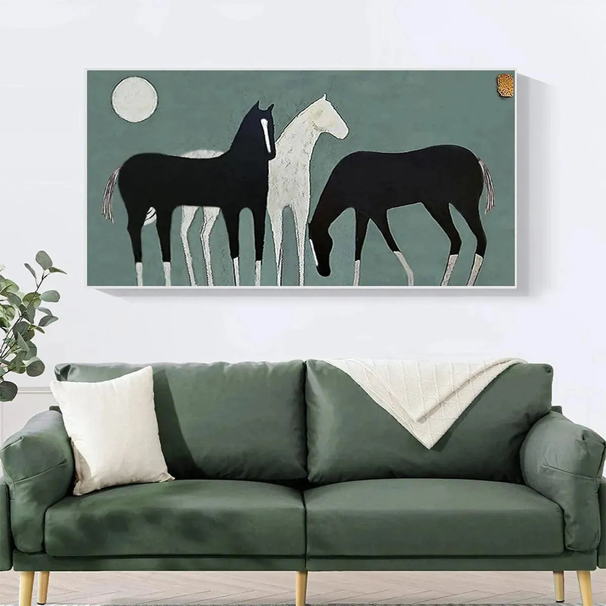 THREE HORSES UNDER THE MOON: Minimalist Horse Painting, Panoramic Wall Art - Image 2