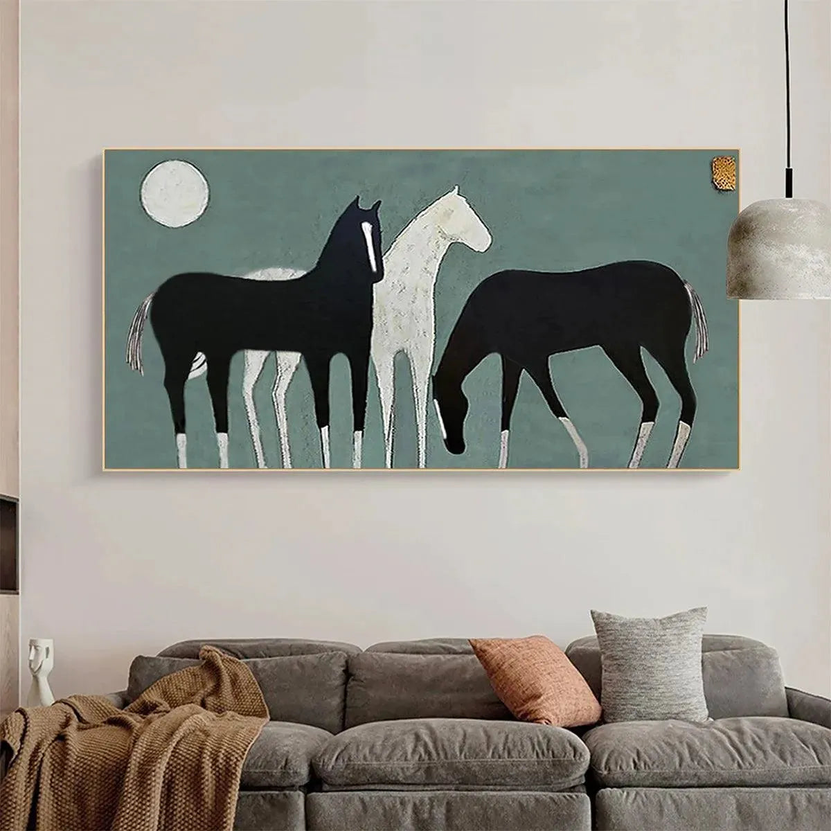 THREE HORSES UNDER THE MOON: Minimalist Horse Painting, Panoramic Wall Art - Image 7