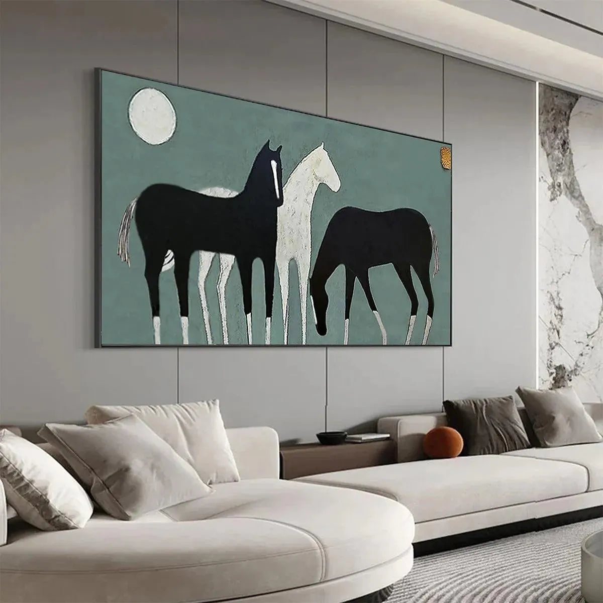 THREE HORSES UNDER THE MOON: Minimalist Horse Painting, Panoramic Wall Art - Image 6
