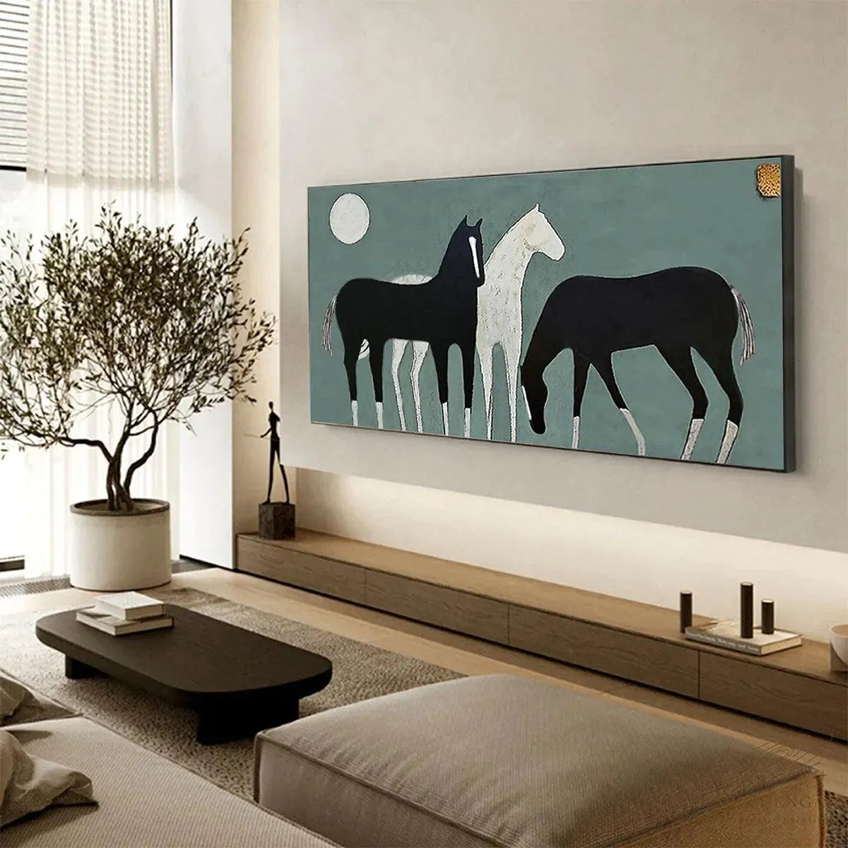 THREE HORSES UNDER THE MOON: Minimalist Horse Painting, Panoramic Wall Art - Image 4