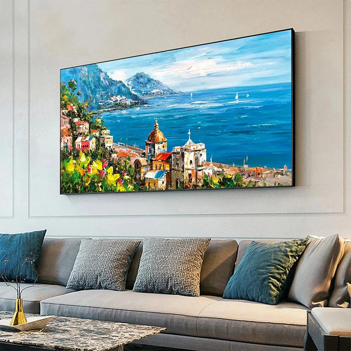 COASTAL MEDITERRANEAN TOWN: Vibrant Coastal Landscape Painting, Panoramic Wall Art - Image 4