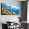 COASTAL MEDITERRANEAN TOWN: Vibrant Coastal Landscape Painting, Panoramic Wall Art