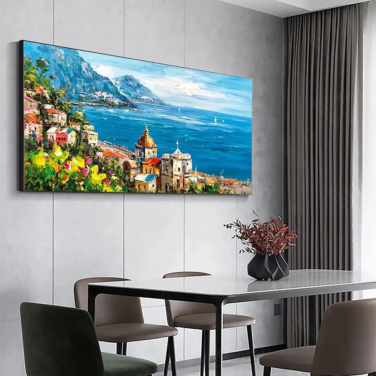 COASTAL MEDITERRANEAN TOWN: Vibrant Coastal Landscape Painting, Panoramic Wall Art - Image 5