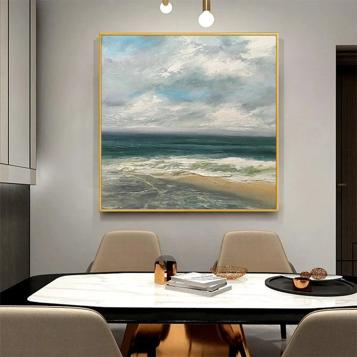 CLOUDY COASTAL SCENE: Square Coastal Landscape Painting, Square Wall Art - Image 2