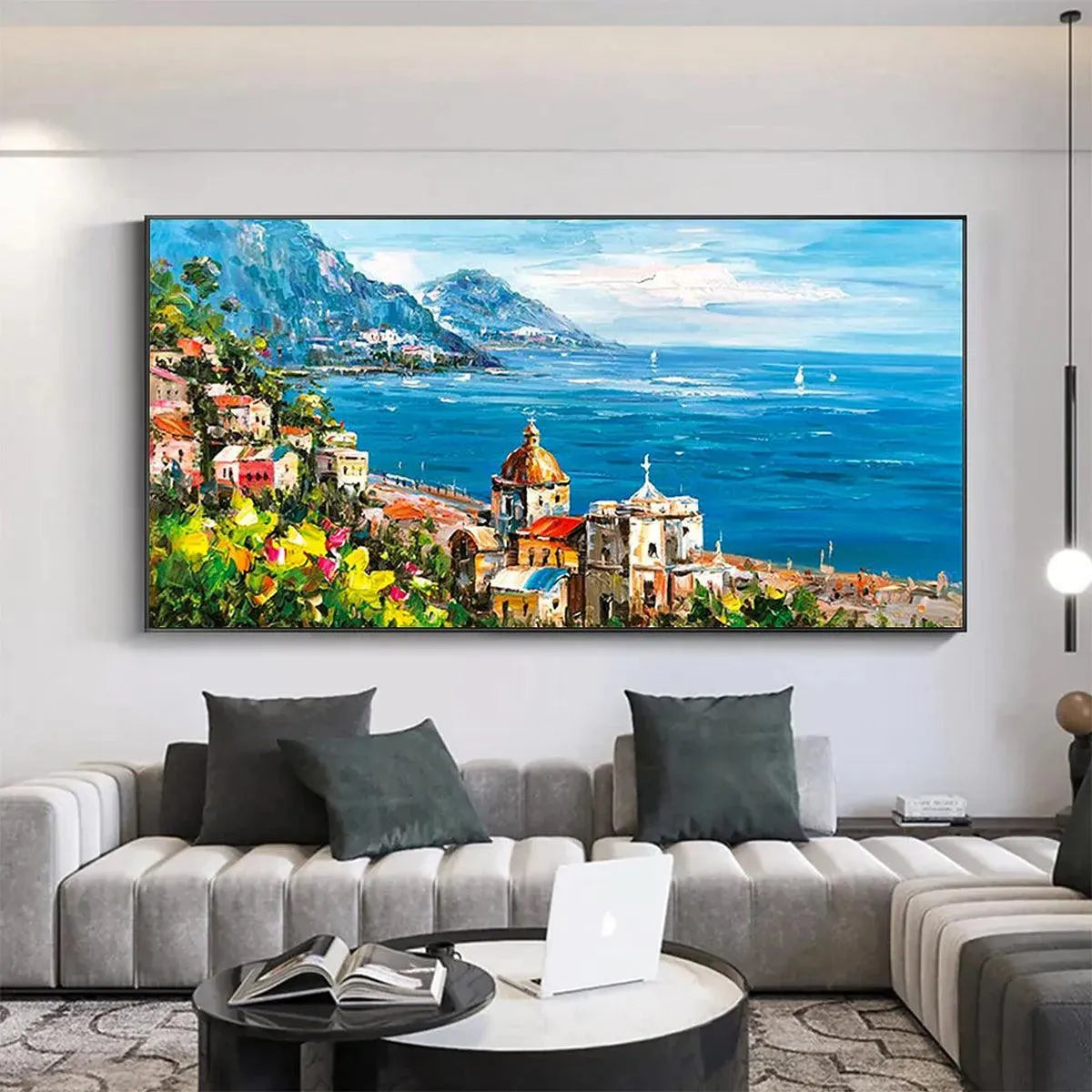 COASTAL MEDITERRANEAN TOWN: Vibrant Coastal Landscape Painting, Panoramic Wall Art - Image 7