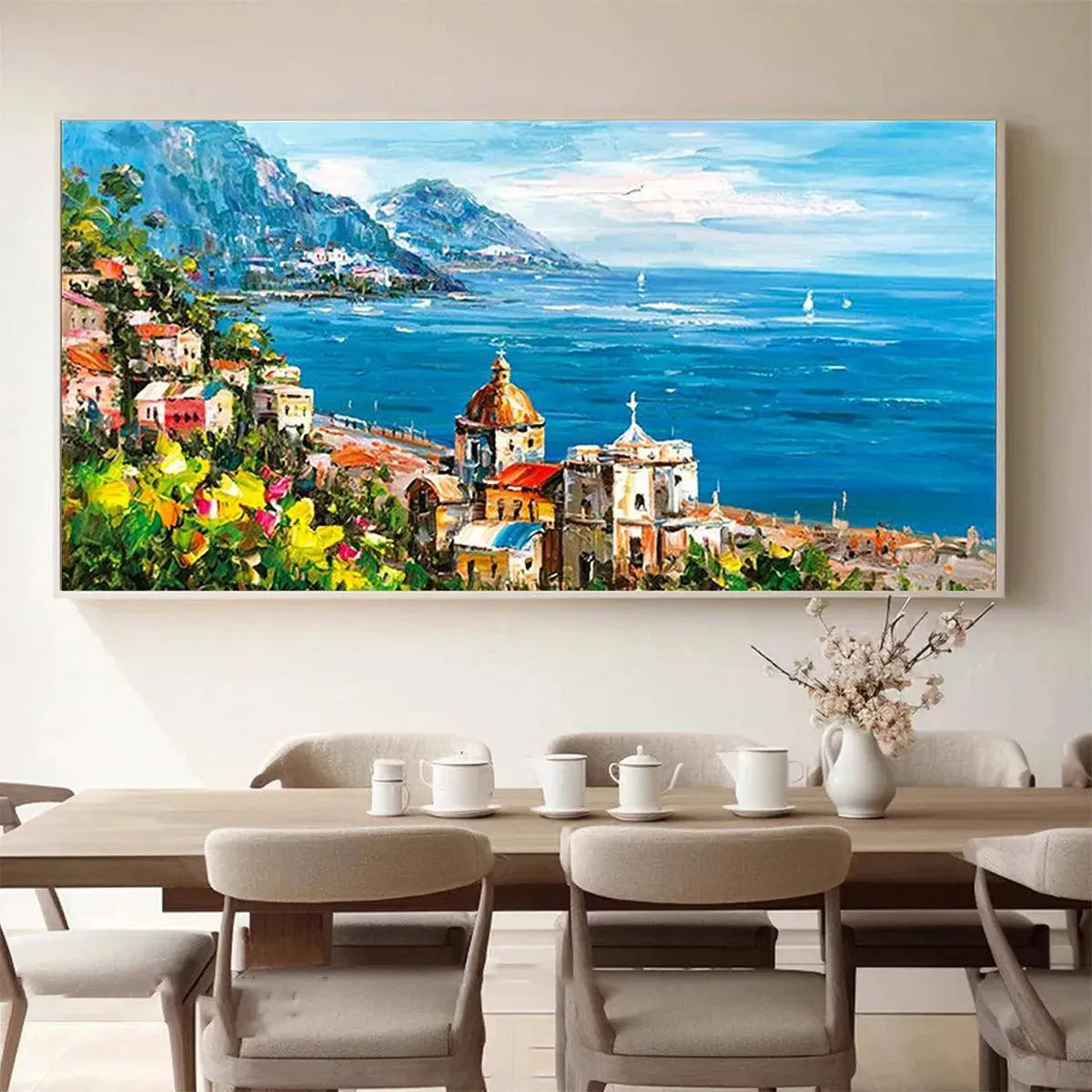 COASTAL MEDITERRANEAN TOWN: Vibrant Coastal Landscape Painting, Panoramic Wall Art - Image 2