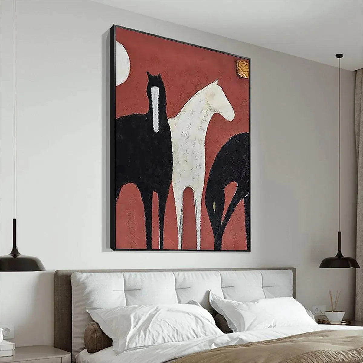 THREE HORSES ON RED: Minimalist Horse Painting, Vertical Wall Art - Image 4