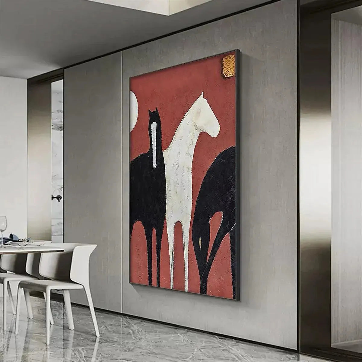 THREE HORSES ON RED: Minimalist Horse Painting, Vertical Wall Art - Image 5