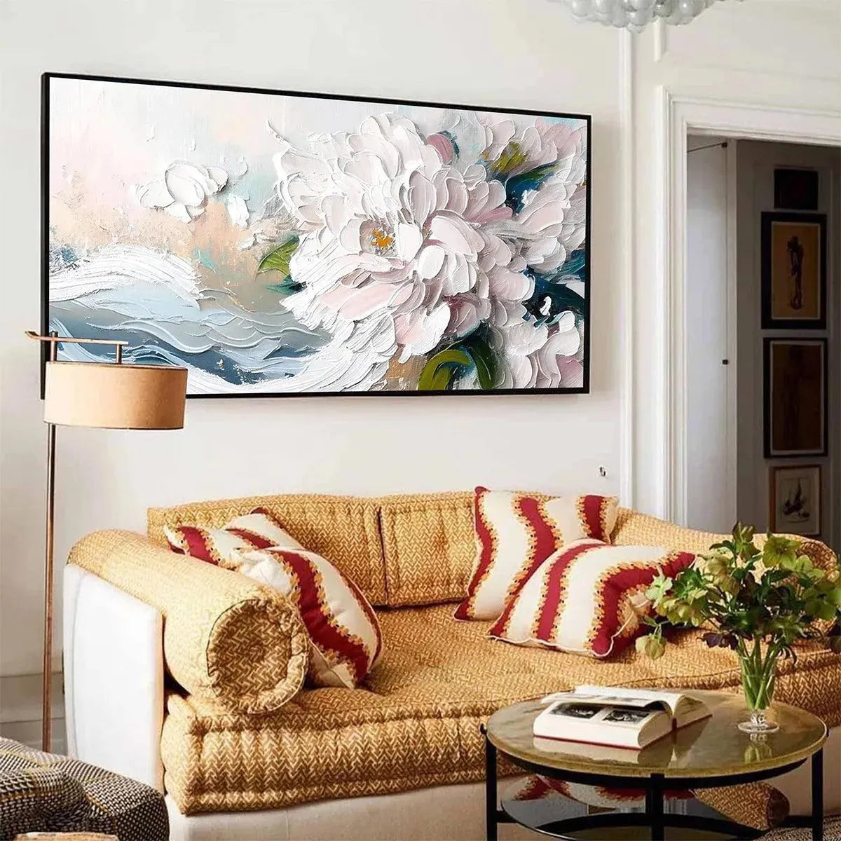 WHITE PEONY DREAM: Textured Peony Painting, Impasto Floral Wall Art, Panoramic Canvas, Romantic Decor - Image 2