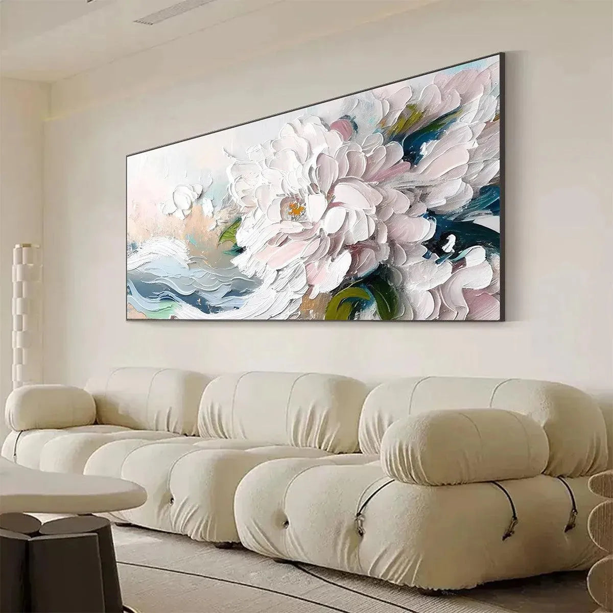 WHITE PEONY DREAM: Textured Peony Painting, Impasto Floral Wall Art, Panoramic Canvas, Romantic Decor - Image 4