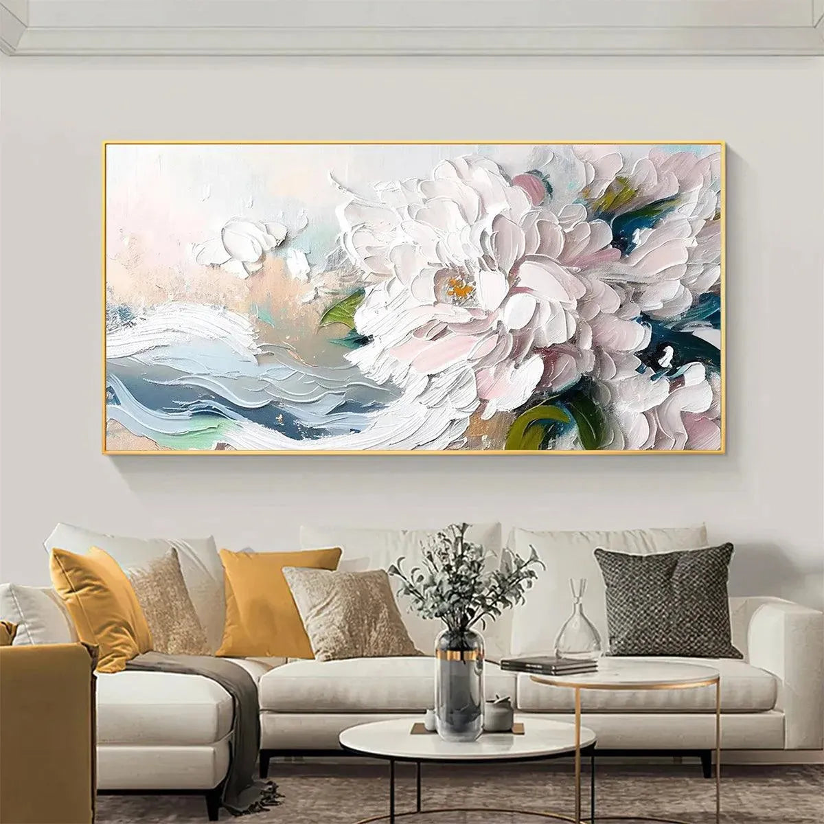 WHITE PEONY DREAM: Textured Peony Painting, Impasto Floral Wall Art, Panoramic Canvas, Romantic Decor - Image 5
