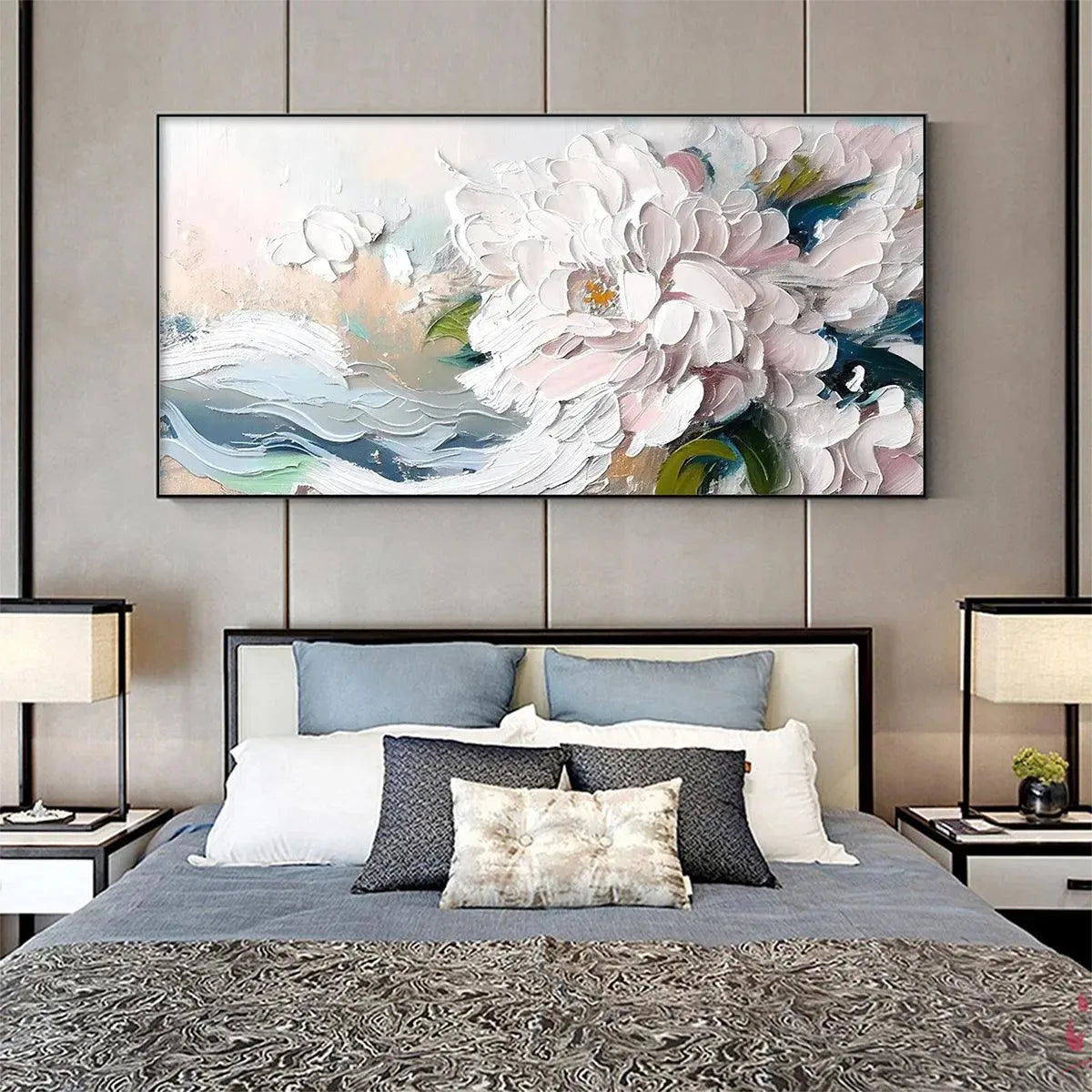 WHITE PEONY DREAM: Textured Peony Painting, Impasto Floral Wall Art, Panoramic Canvas, Romantic Decor - Image 8