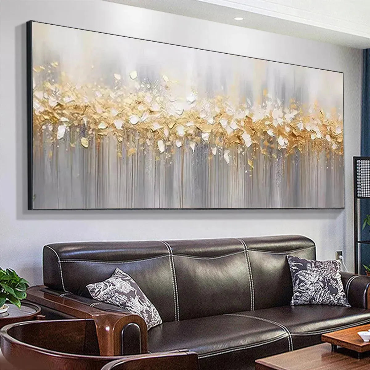 GOLDEN DRIZZLE: Textured Abstract Painting, Gold and Grey Wall Art, Panoramic Canvas, Modern Decor - Image 4