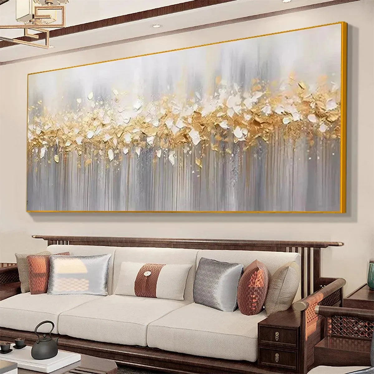 GOLDEN DRIZZLE: Textured Abstract Painting, Gold and Grey Wall Art, Panoramic Canvas, Modern Decor - Image 5