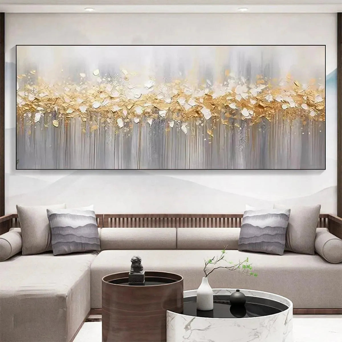 GOLDEN DRIZZLE: Textured Abstract Painting, Gold and Grey Wall Art, Panoramic Canvas, Modern Decor - Image 6