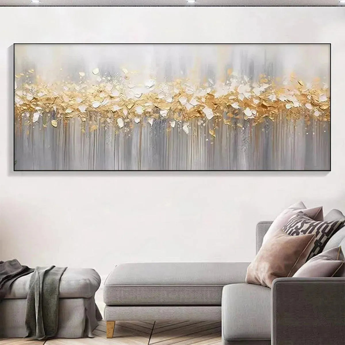 GOLDEN DRIZZLE: Textured Abstract Painting, Gold and Grey Wall Art, Panoramic Canvas, Modern Decor - Image 7