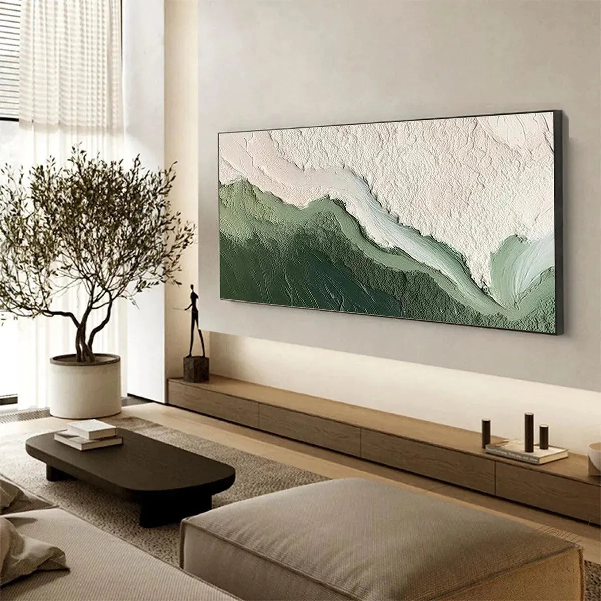 EMERALD FLOW: Textured Abstract Landscape Painting, Green and White Wall Art, Panoramic Canvas, Nature-Inspired Decor - Image 6
