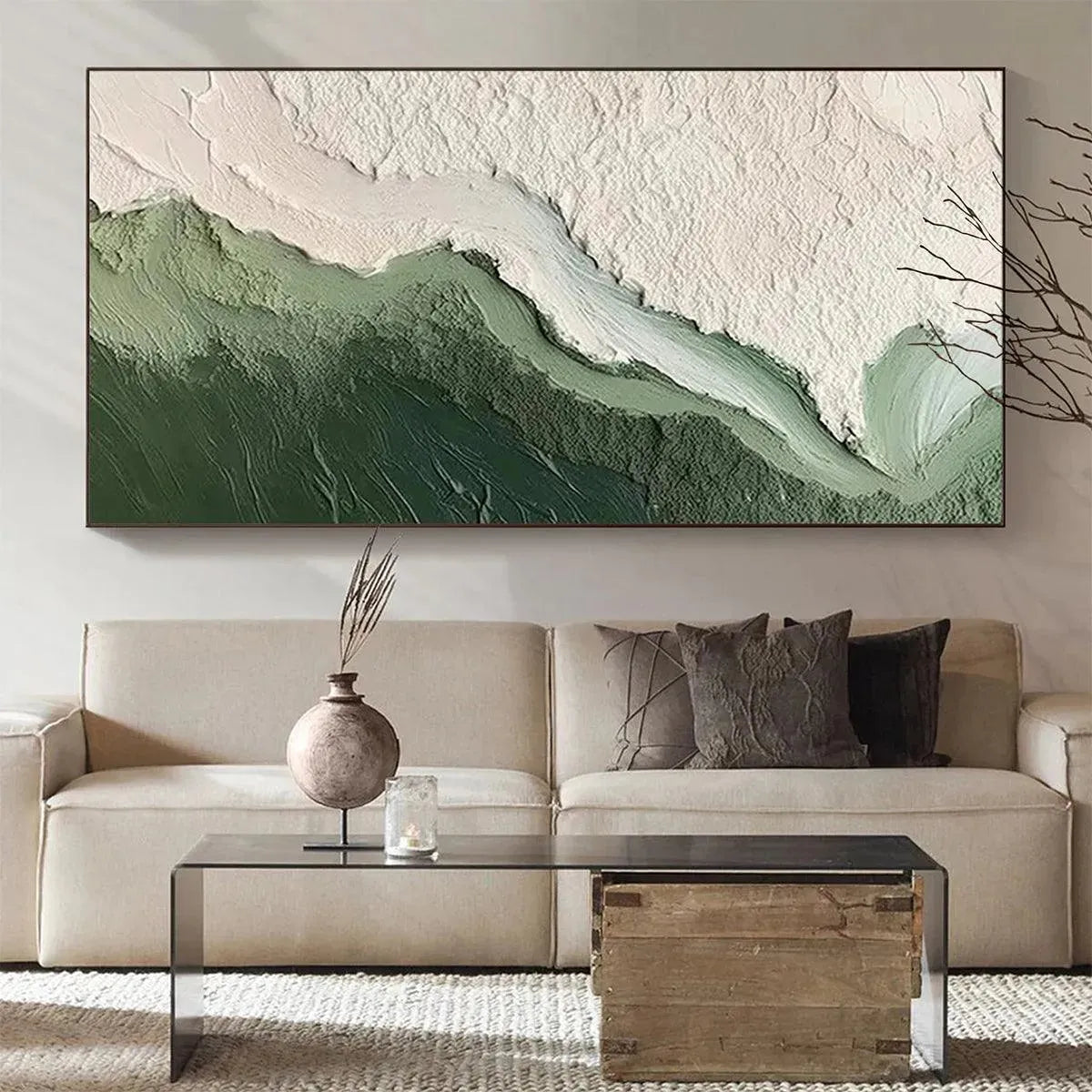 EMERALD FLOW: Textured Abstract Landscape Painting, Green and White Wall Art, Panoramic Canvas, Nature-Inspired Decor - Image 9