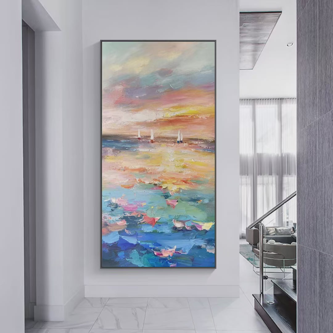 SAILING AT SUNSET: Colorful Seascape Painting, Textured Wall Art, Vertical Canvas, Beach Decor - Image 3