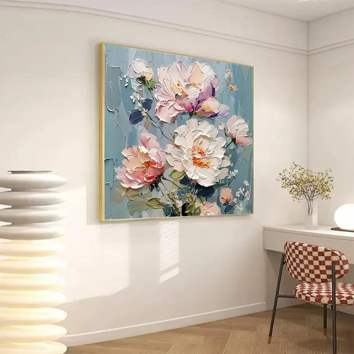 PASTEL PEONIES: Textured Peony Painting, Impasto Floral Wall Art, Square Canvas, Romantic Decor - Image 7