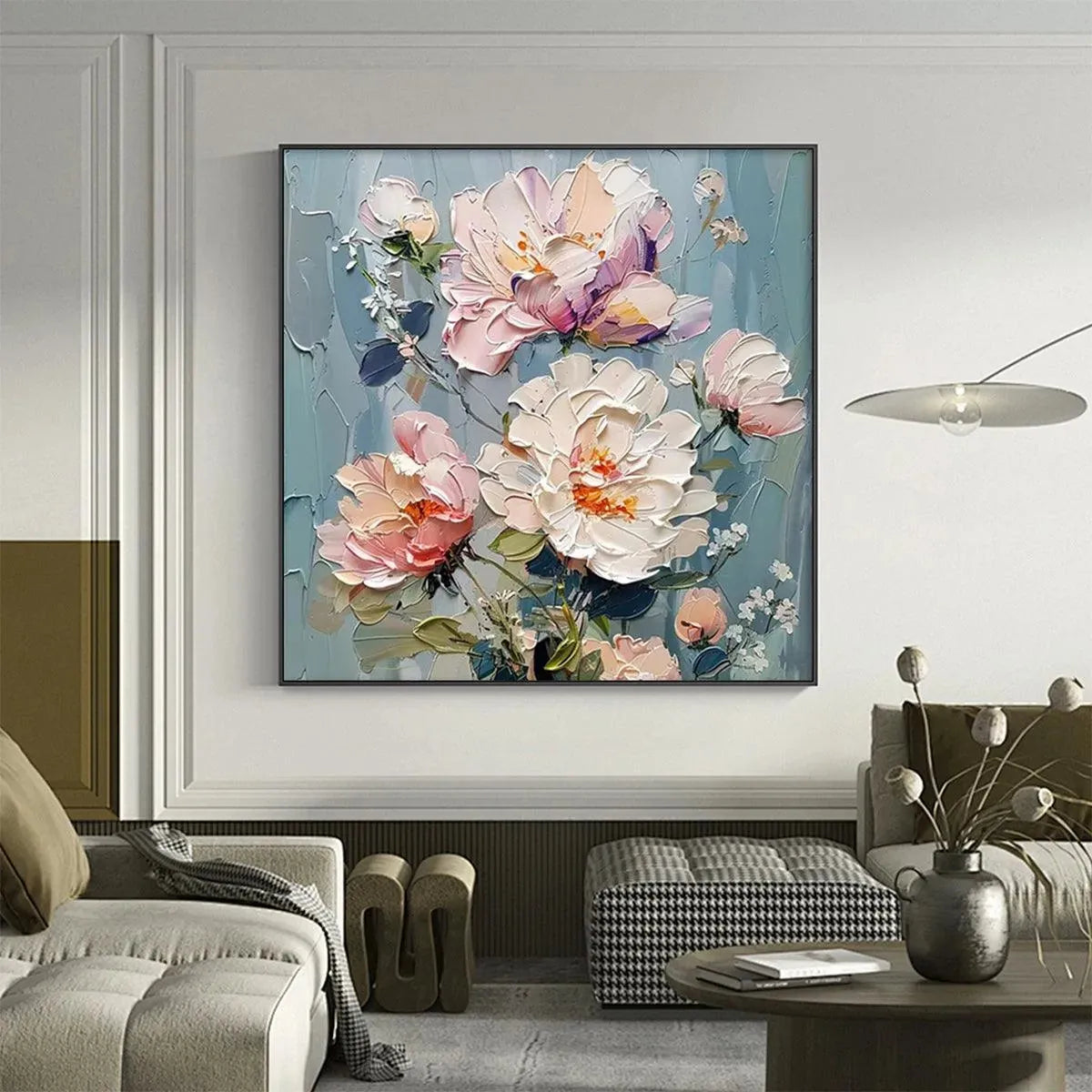 PASTEL PEONIES: Textured Peony Painting, Impasto Floral Wall Art, Square Canvas, Romantic Decor - Image 2