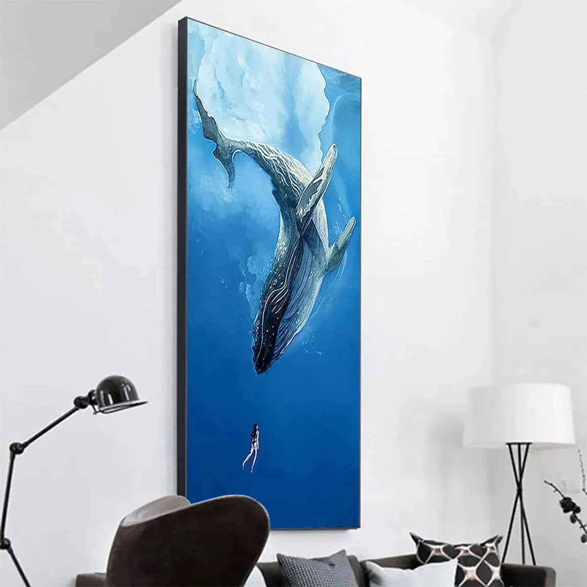 WHALE ENCOUNTER: Majestic Whale and Diver Painting, Vertical Wall Art - Image 3