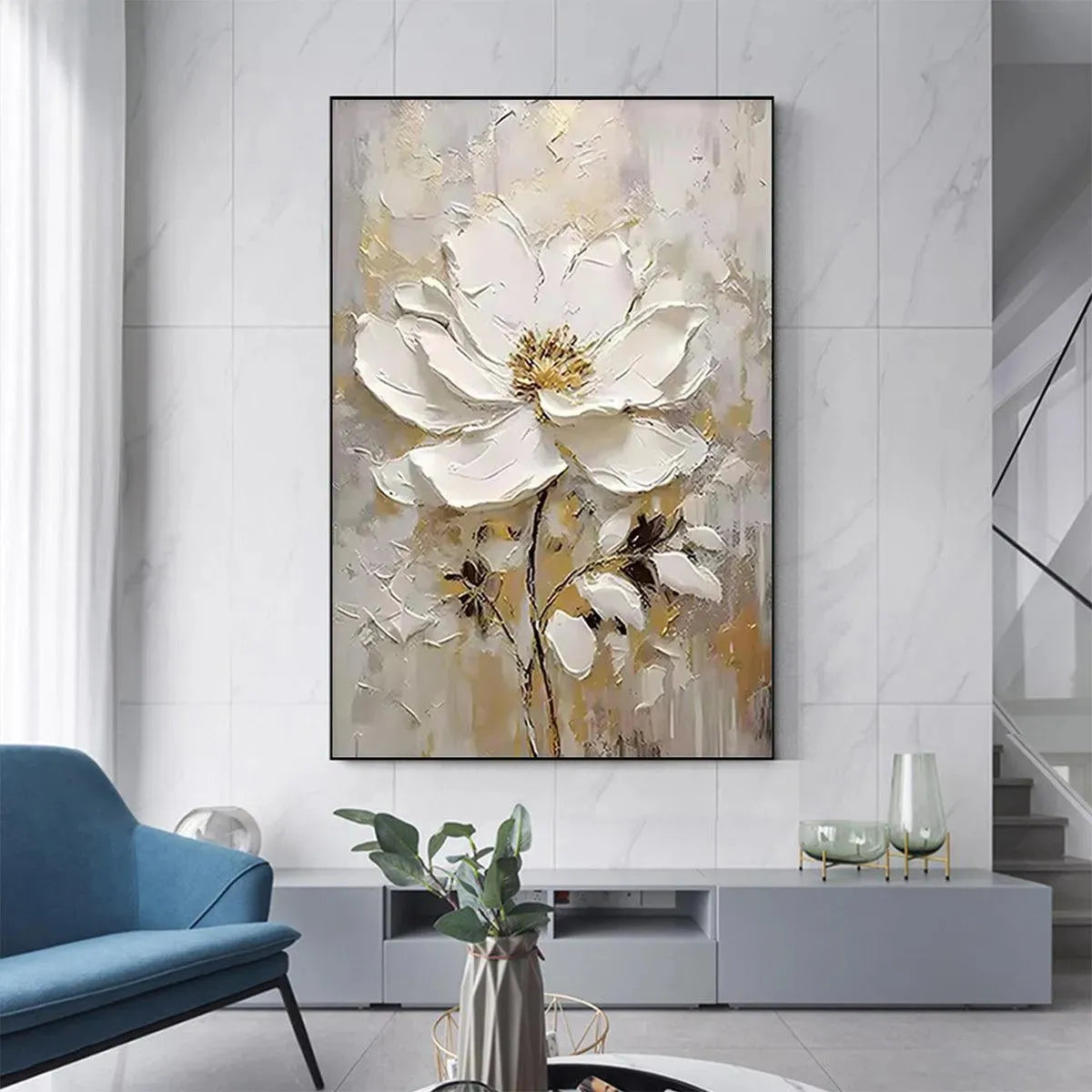 WHITE BLOSSOM: Textured White Floral Painting, Impasto Wall Art, Vertical Canvas, Romantic Decor - Image 6