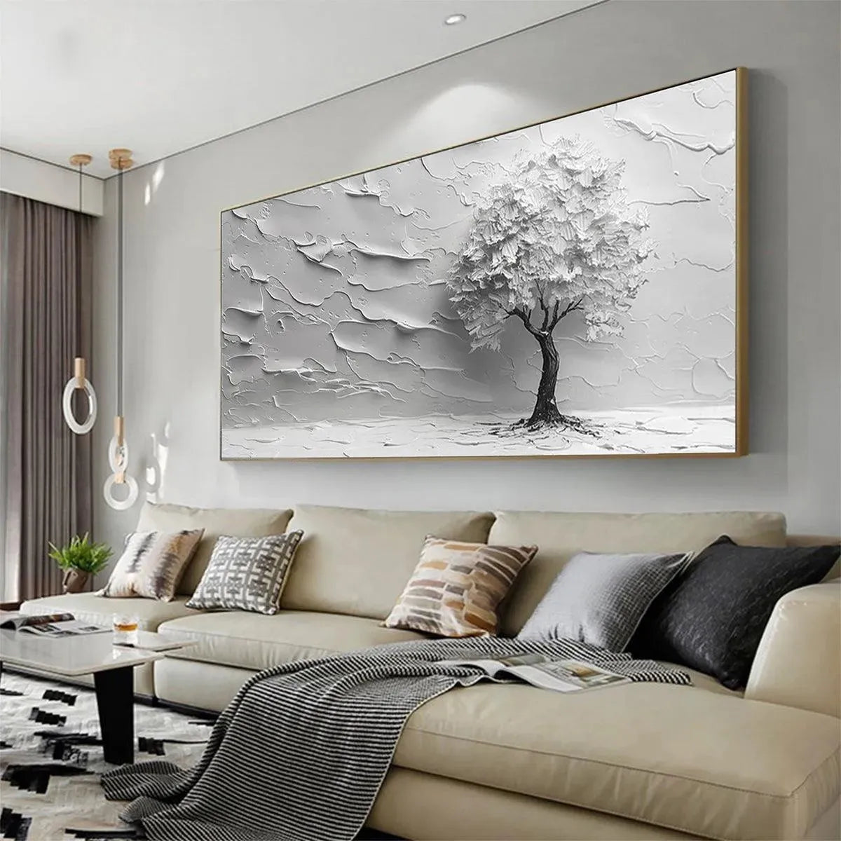 SERENE TREE: Textured 3D Tree Painting, White Impasto Wall Art, Panoramic Canvas, Minimalist Decor - Image 4