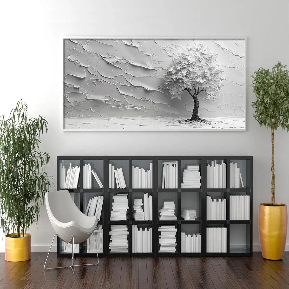 SERENE TREE: Textured 3D Tree Painting, White Impasto Wall Art, Panoramic Canvas, Minimalist Decor - Image 5