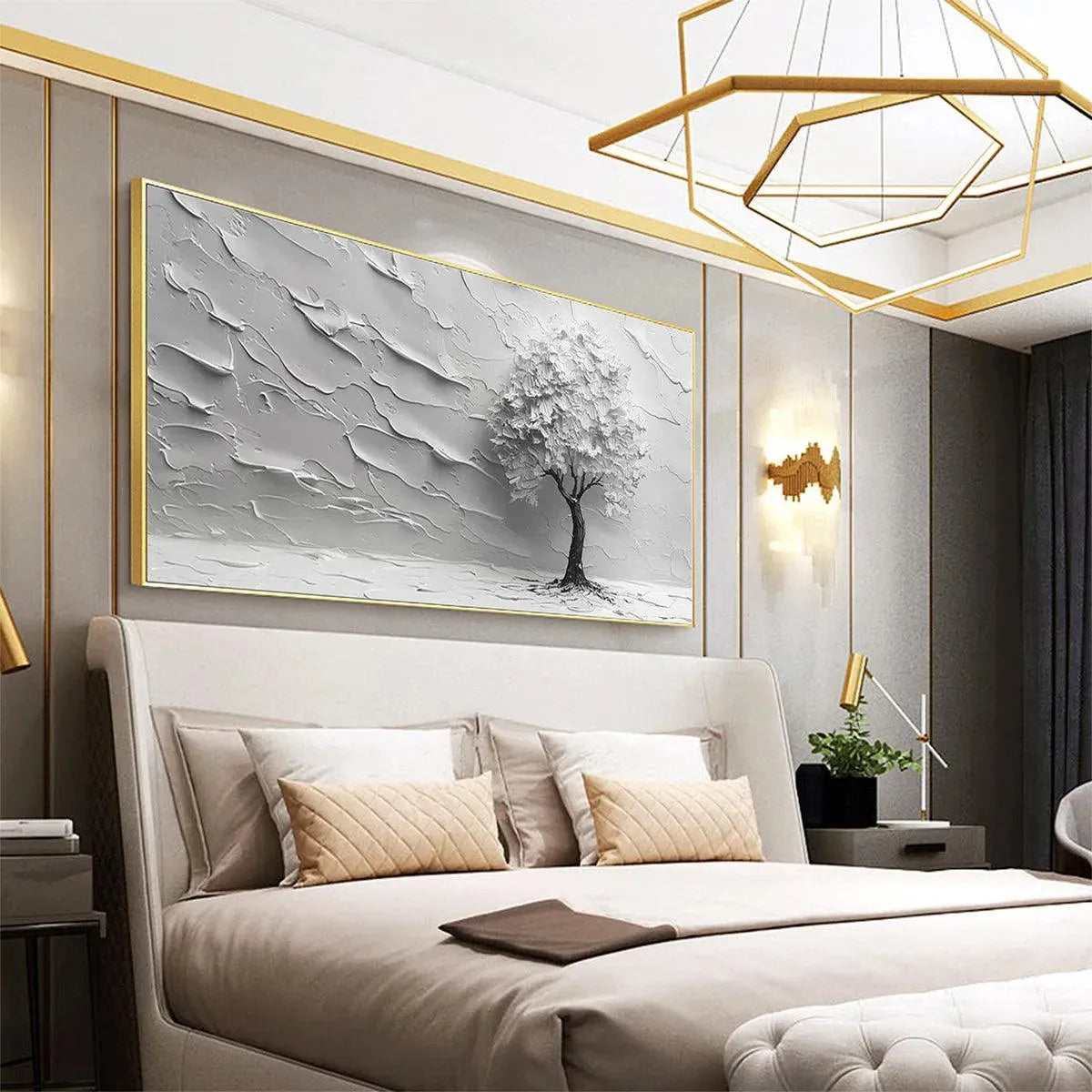SERENE TREE: Textured 3D Tree Painting, White Impasto Wall Art, Panoramic Canvas, Minimalist Decor - Image 6
