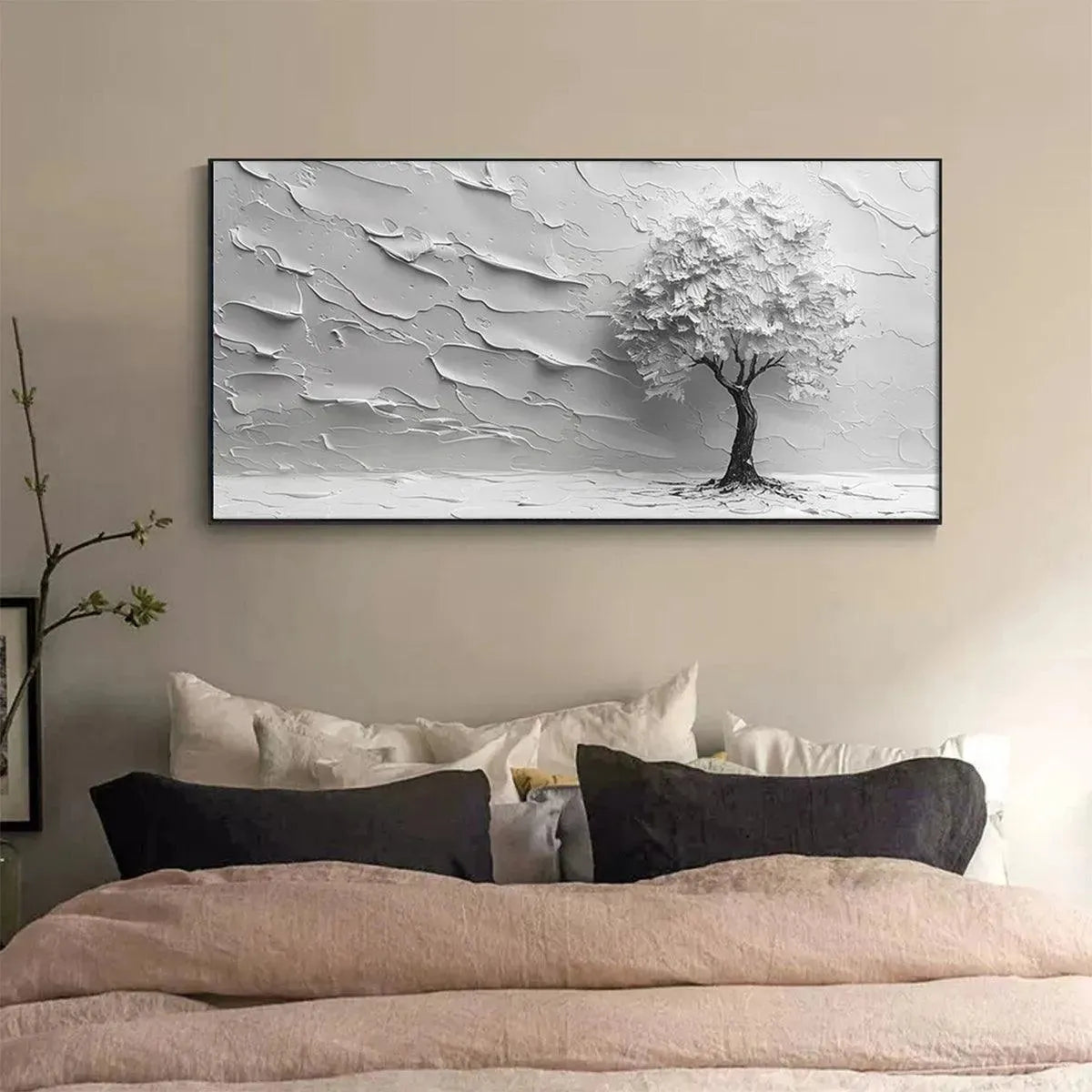 SERENE TREE: Textured 3D Tree Painting, White Impasto Wall Art, Panoramic Canvas, Minimalist Decor - Image 7