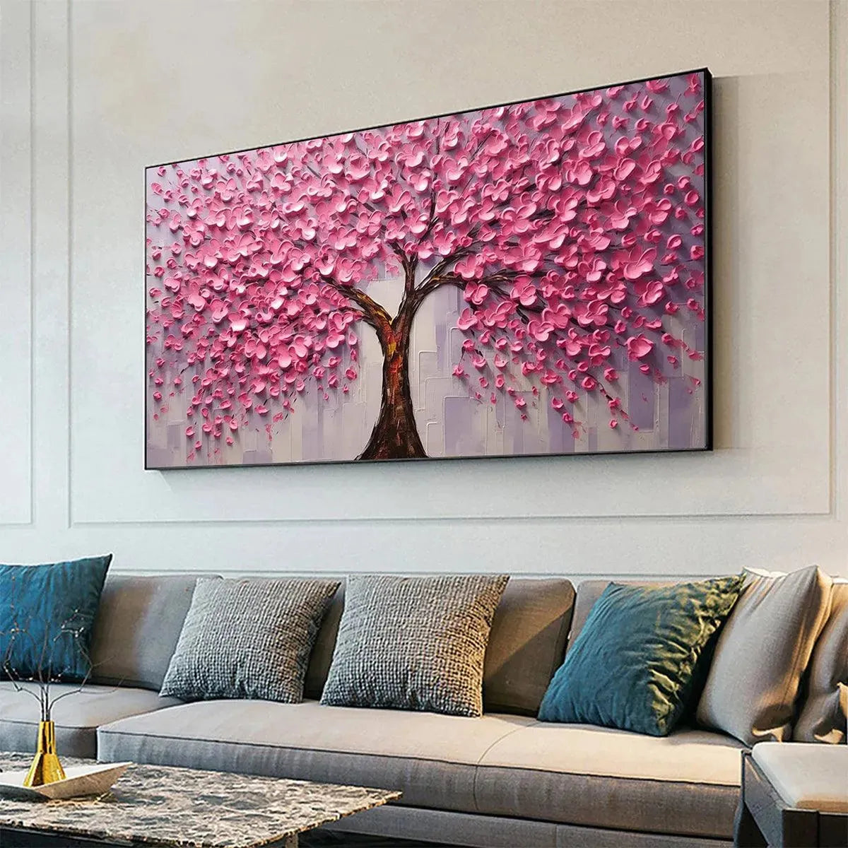 PINK BLOSSOM ABUNDANCE: Textured Impasto Cherry Blossom Tree Painting, Horizontal Wall Art - Image 5
