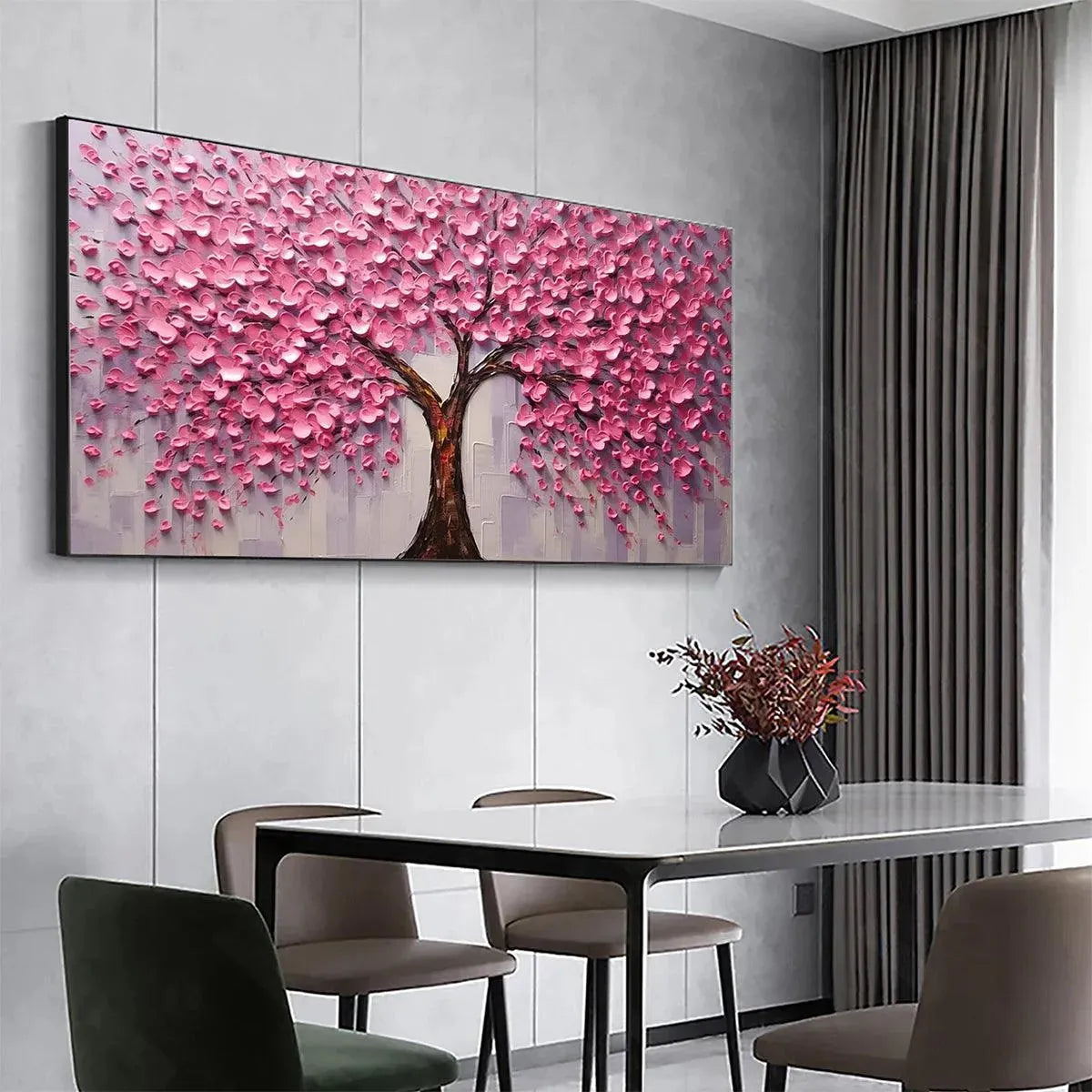 PINK BLOSSOM ABUNDANCE: Textured Impasto Cherry Blossom Tree Painting, Horizontal Wall Art - Image 4