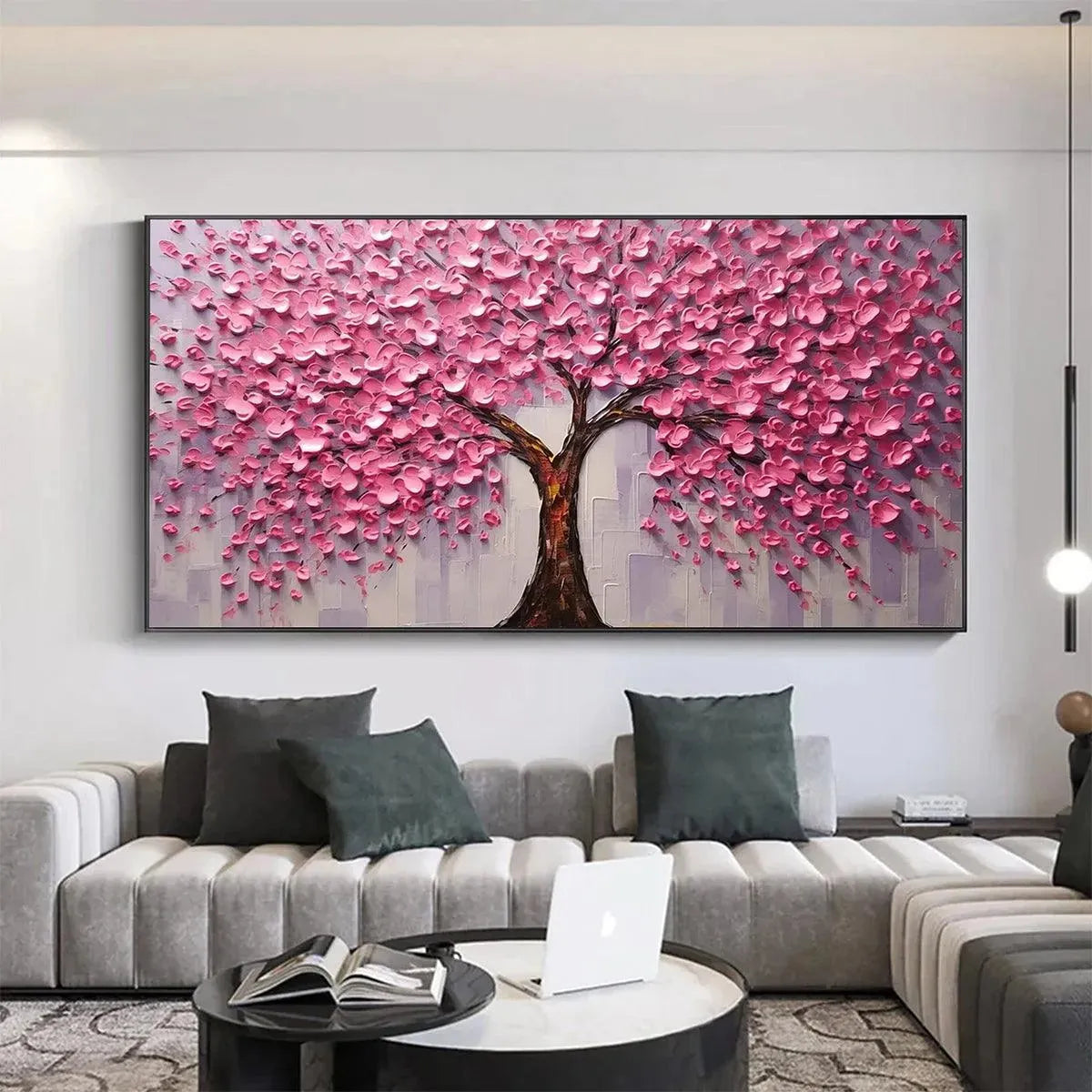 PINK BLOSSOM ABUNDANCE: Textured Impasto Cherry Blossom Tree Painting, Horizontal Wall Art - Image 2