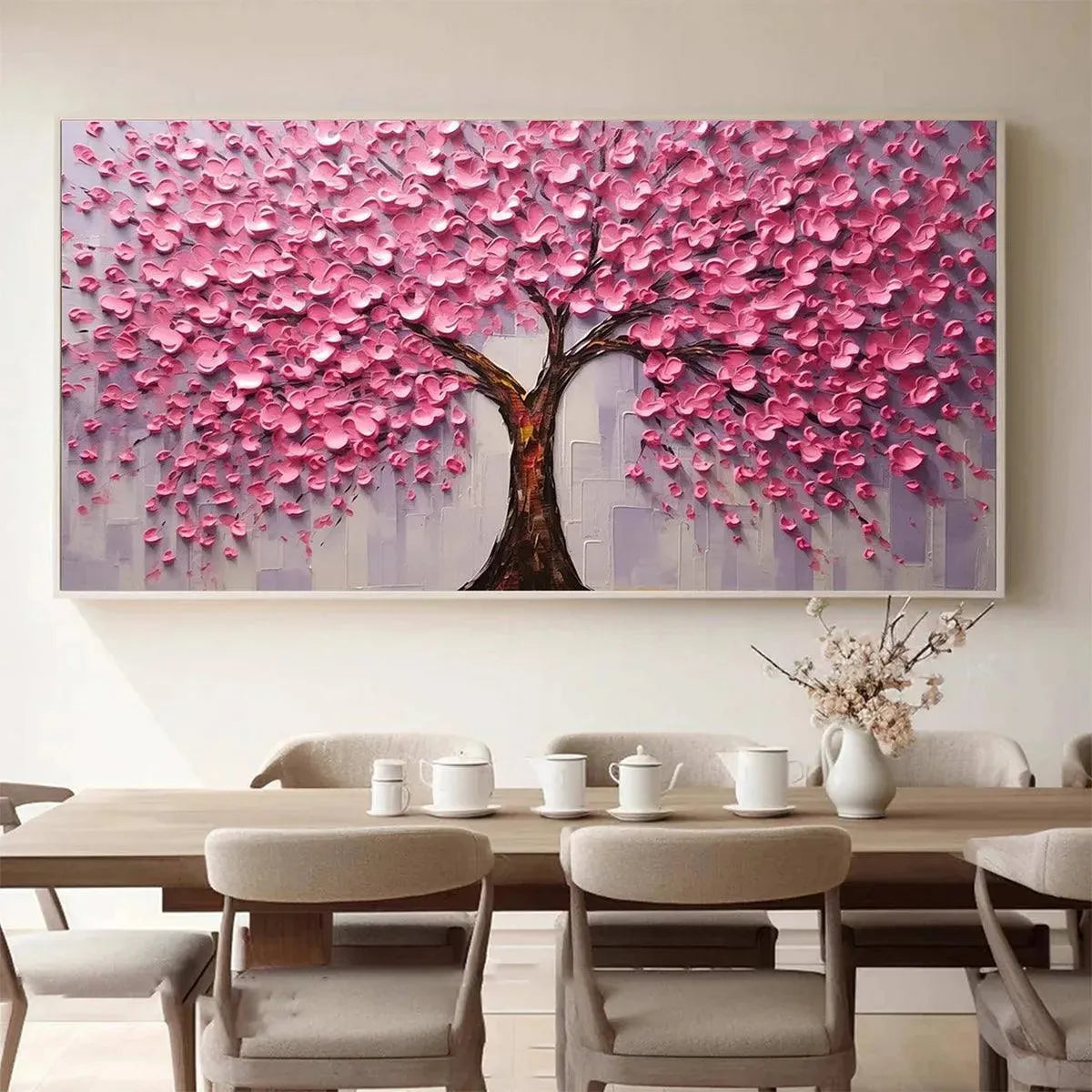 PINK BLOSSOM ABUNDANCE: Textured Impasto Cherry Blossom Tree Painting, Horizontal Wall Art - Image 8