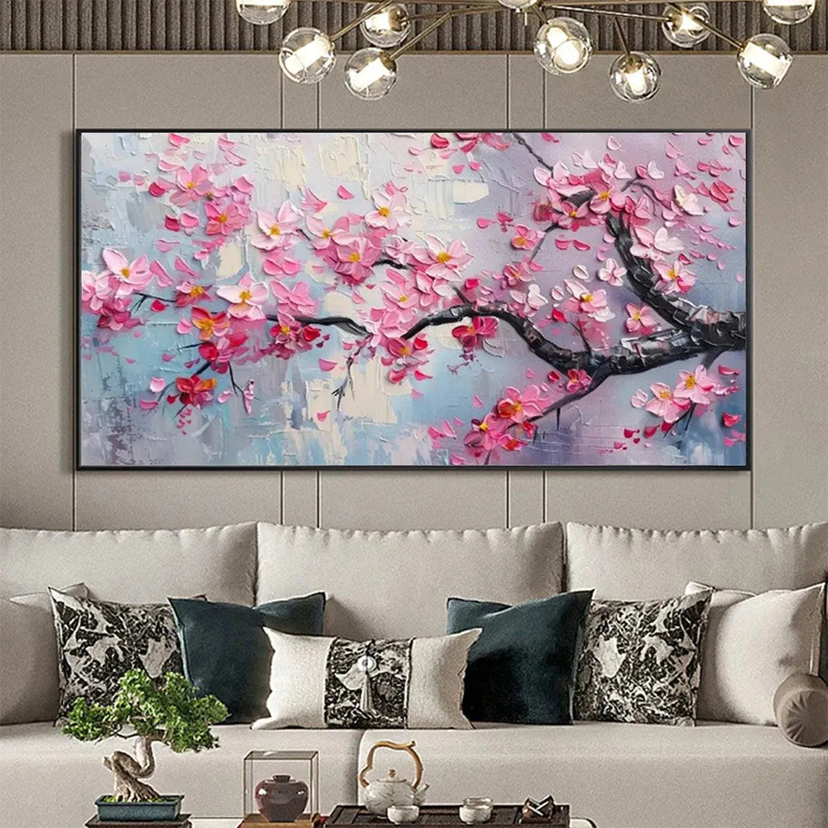 SPRINGTIME SERENADE: Textured Cherry Blossom Painting, Horizontal Wall Art - Image 2