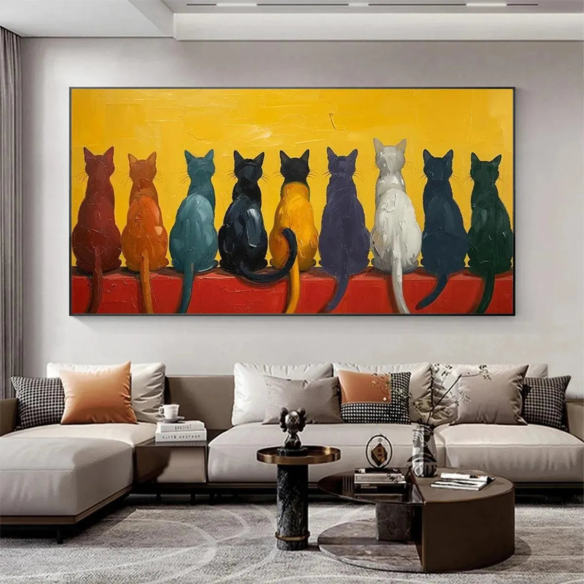 CATS IN A ROW: Whimsical Cat Painting, Textured Wall Art, Panoramic Canvas, Pet Decor - Image 2