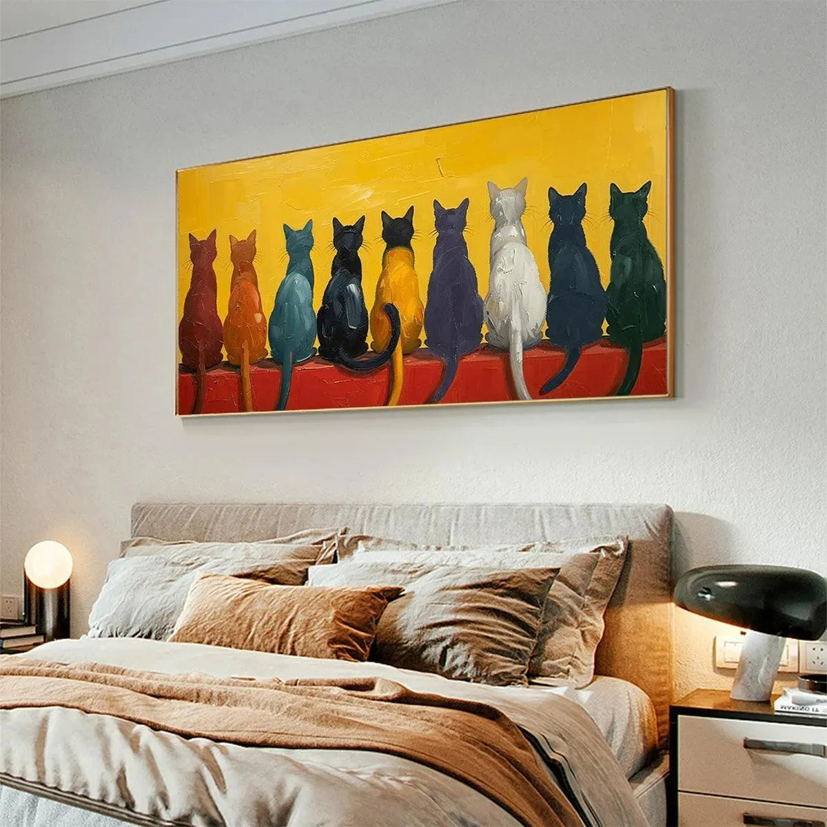 CATS IN A ROW: Whimsical Cat Painting, Textured Wall Art, Panoramic Canvas, Pet Decor - Image 5