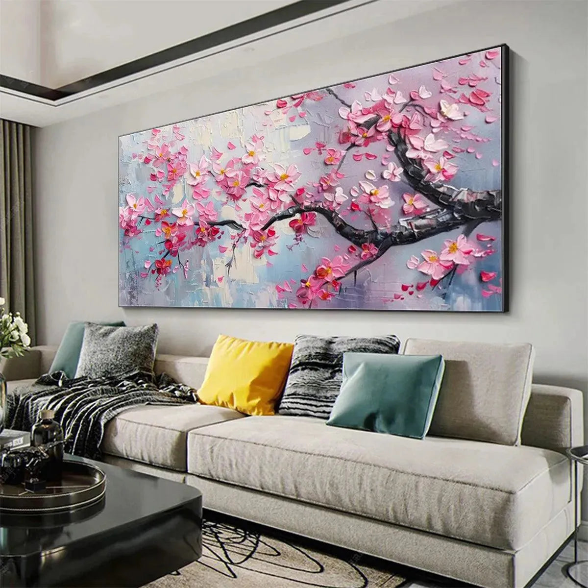 SPRINGTIME SERENADE: Textured Cherry Blossom Painting, Horizontal Wall Art - Image 5