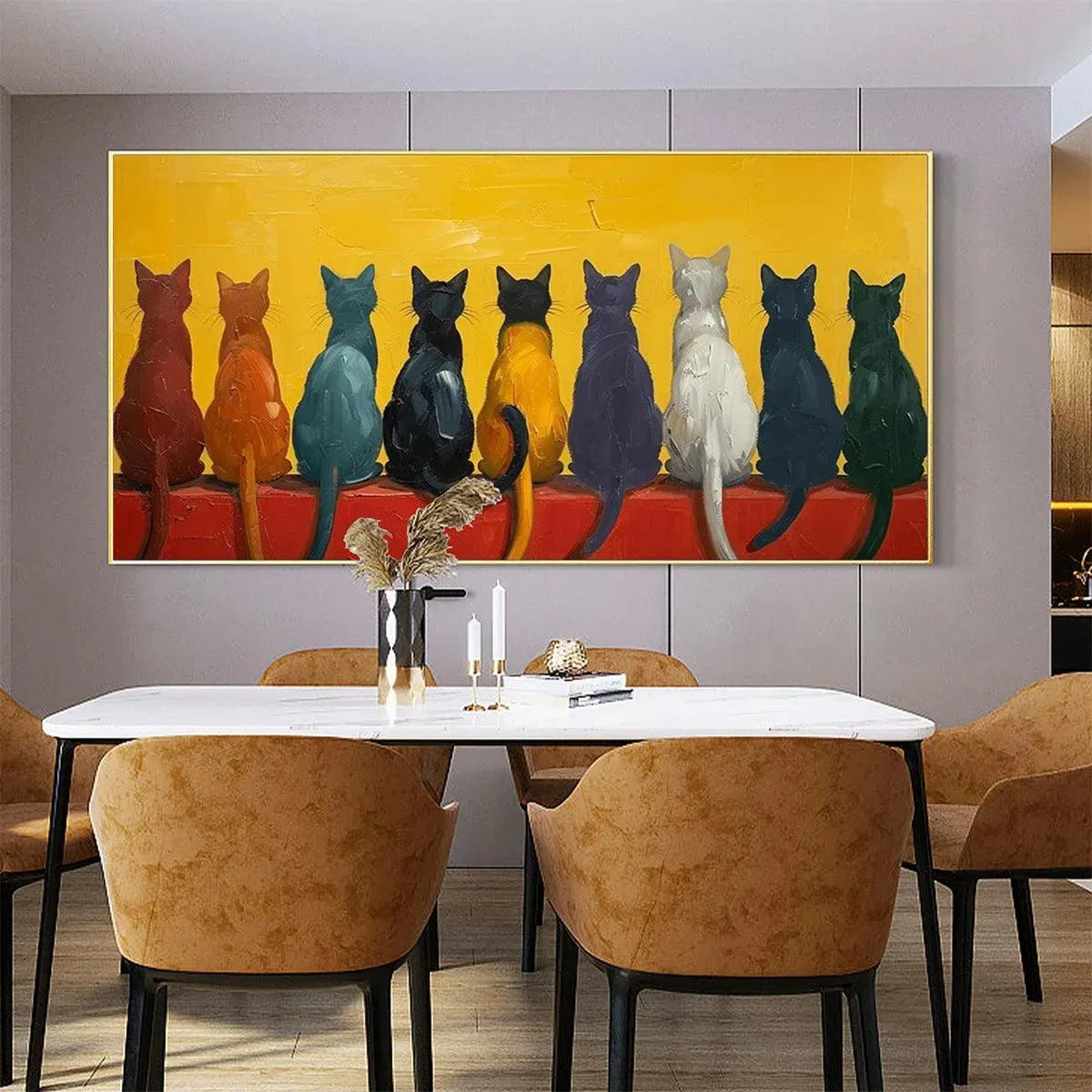 CATS IN A ROW: Whimsical Cat Painting, Textured Wall Art, Panoramic Canvas, Pet Decor - Image 7
