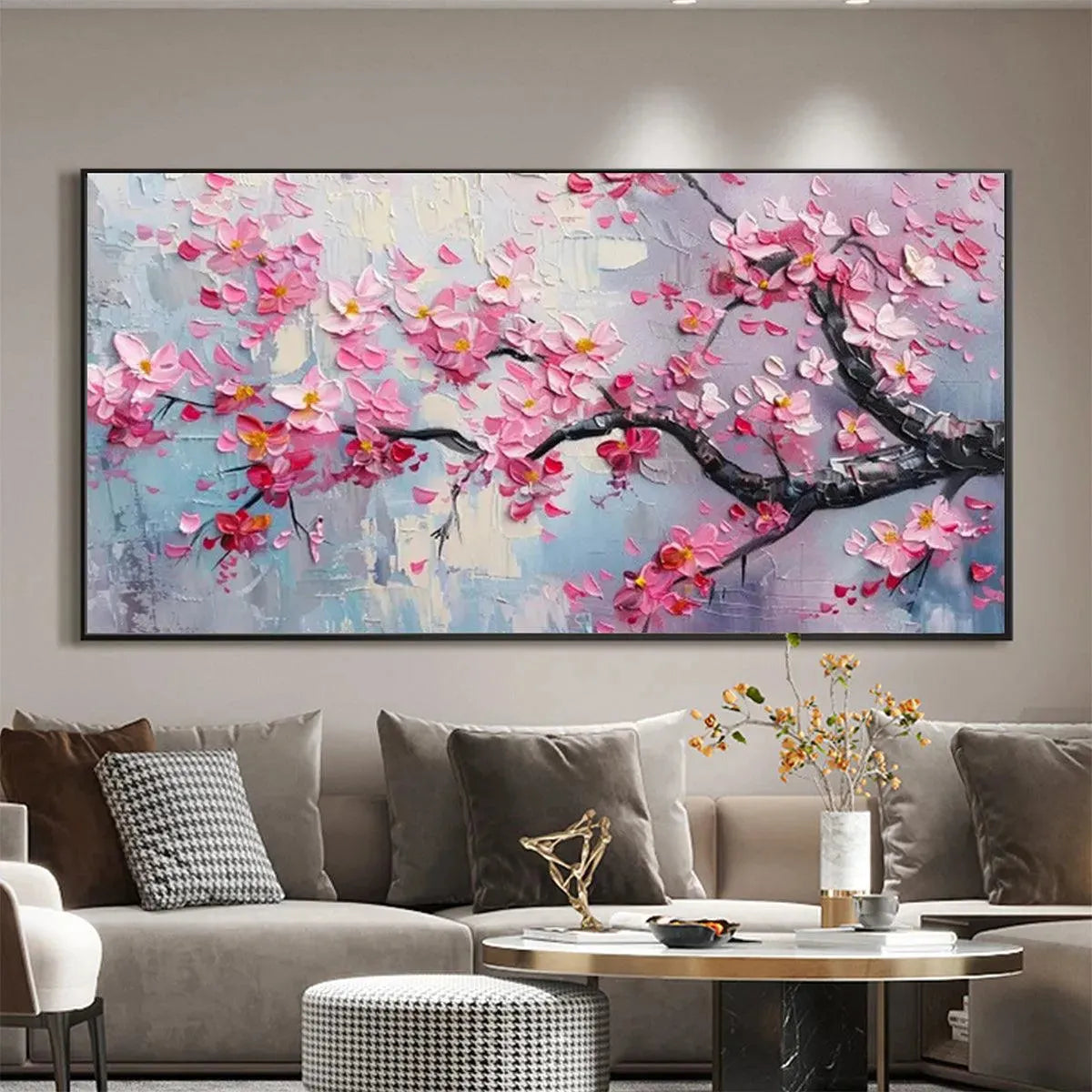SPRINGTIME SERENADE: Textured Cherry Blossom Painting, Horizontal Wall Art - Image 7