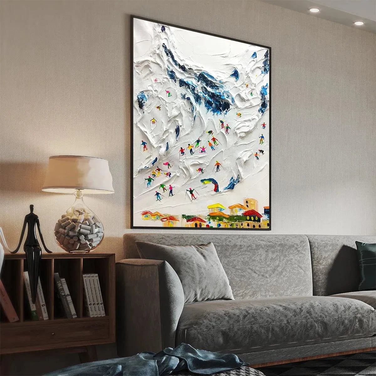 ALPINE SKI DAY: Textured Ski Scene Painting, Vertical Wall Art - Image 3