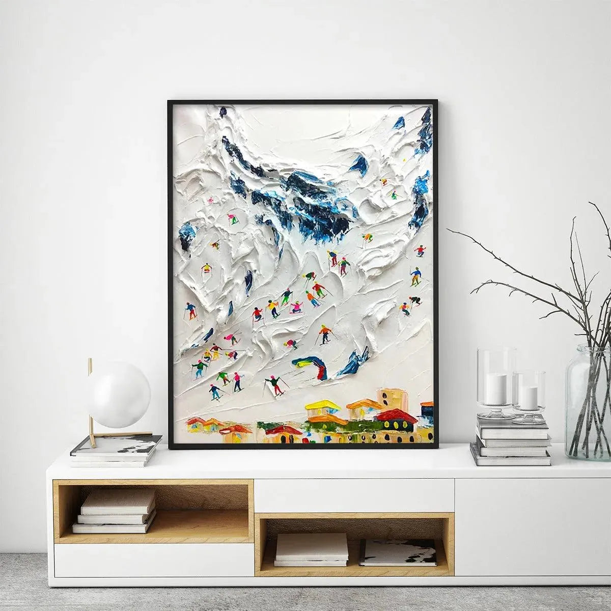 ALPINE SKI DAY: Textured Ski Scene Painting, Vertical Wall Art - Image 6