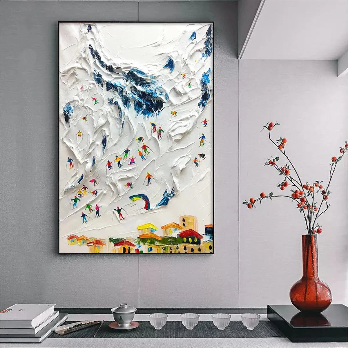 ALPINE SKI DAY: Textured Ski Scene Painting, Vertical Wall Art - Image 7