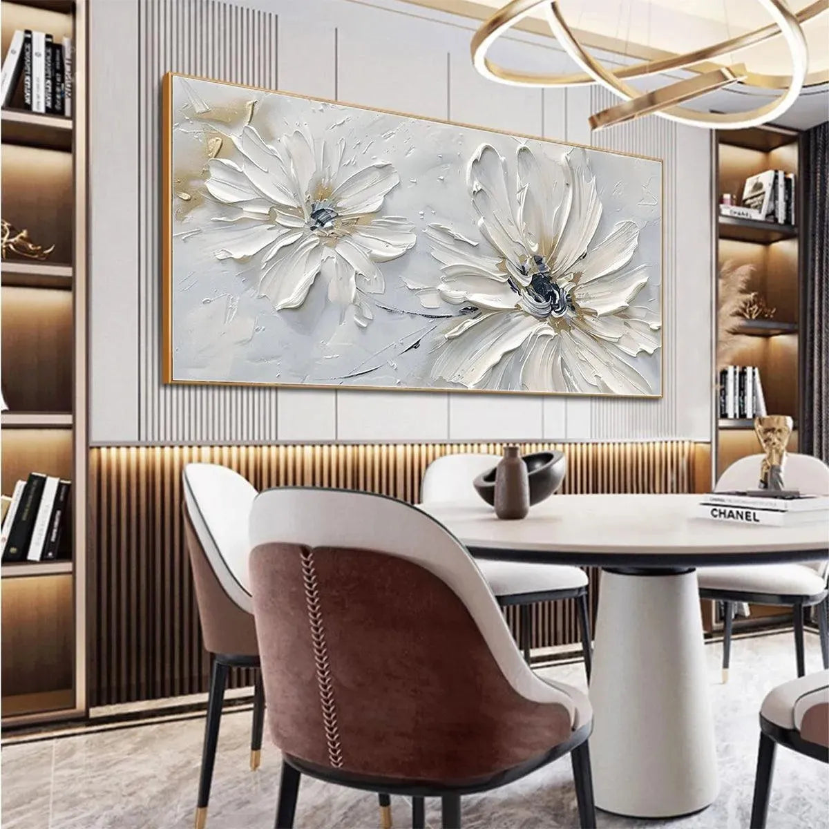 WHITE BLOSSOM SERENITY: Textured White Floral Painting, Horizontal Wall Art - Image 3