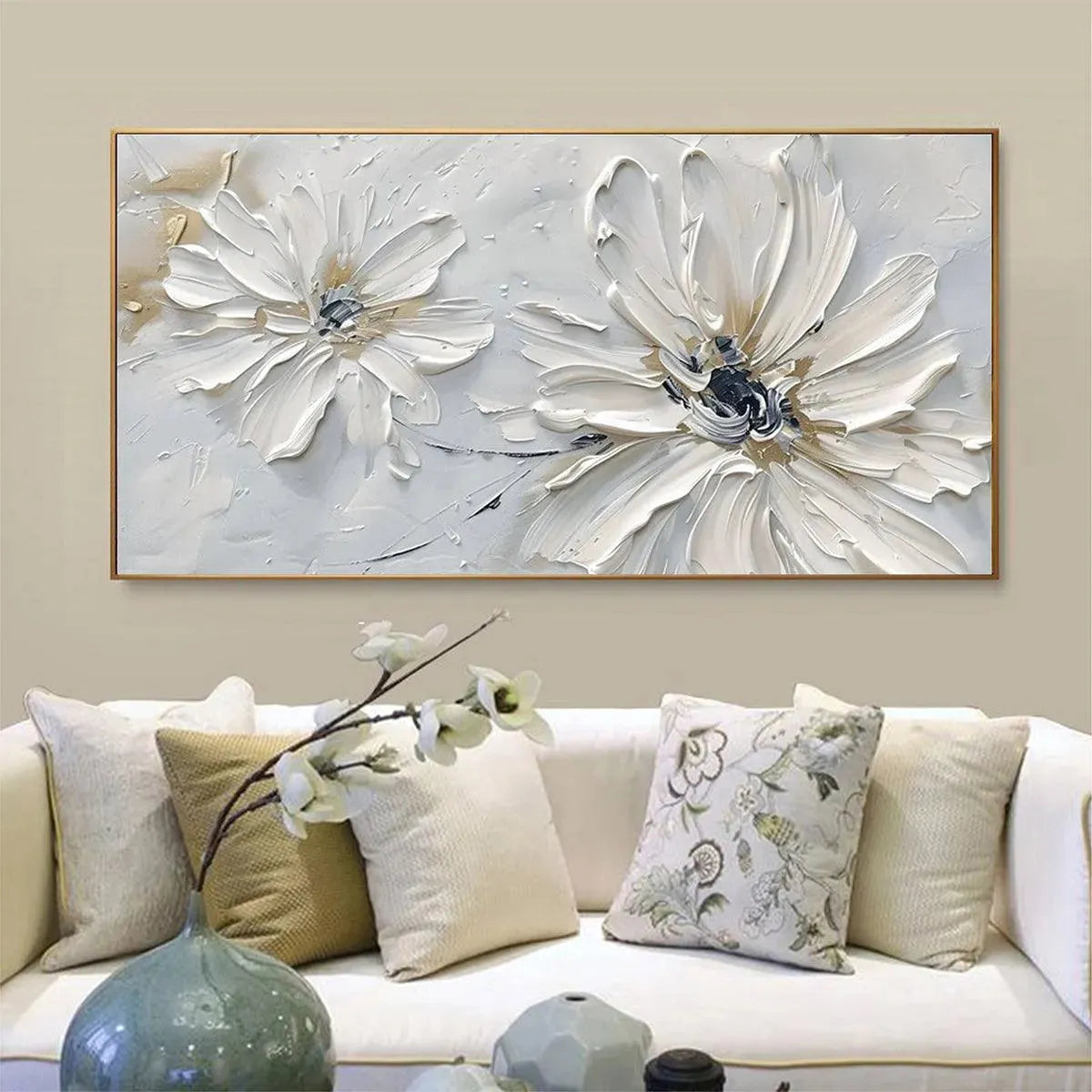 WHITE BLOSSOM SERENITY: Textured White Floral Painting, Horizontal Wall Art - Image 8