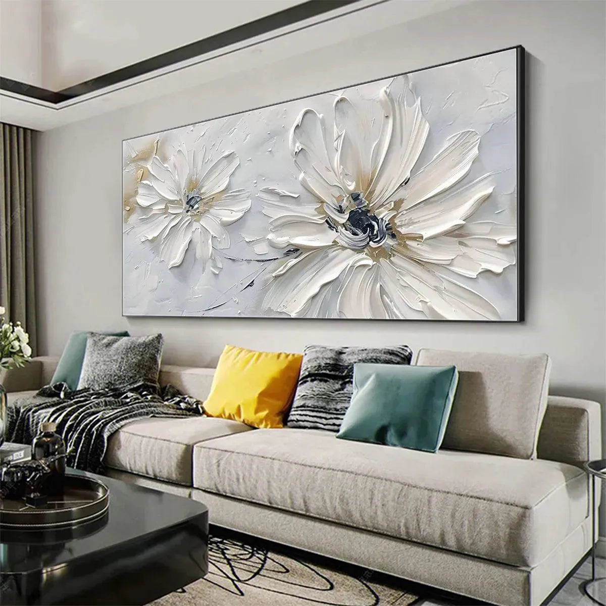 WHITE BLOSSOM SERENITY: Textured White Floral Painting, Horizontal Wall Art - Image 5