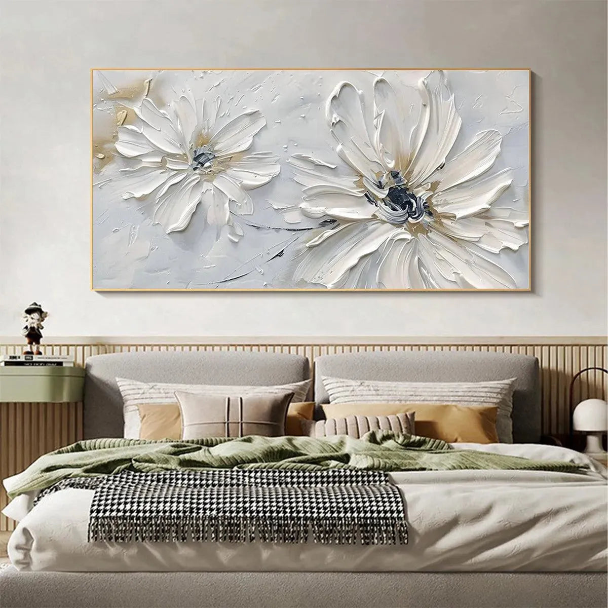 WHITE BLOSSOM SERENITY: Textured White Floral Painting, Horizontal Wall Art - Image 2